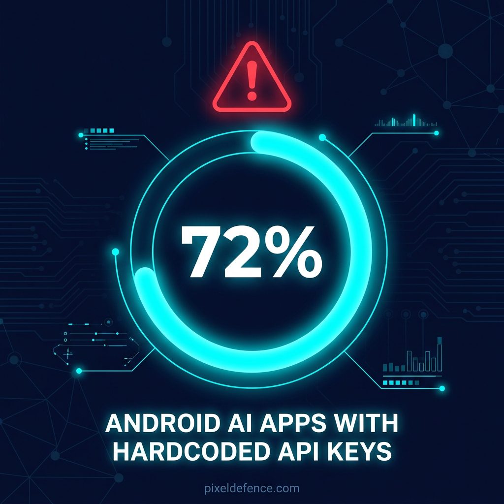Statistics visual showing seventy-two percent of Android AI apps containing hardcoded secrets