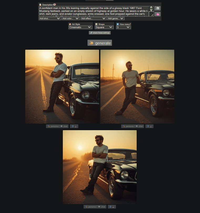Perchance AI character generator output showing man leaning on black Mustang