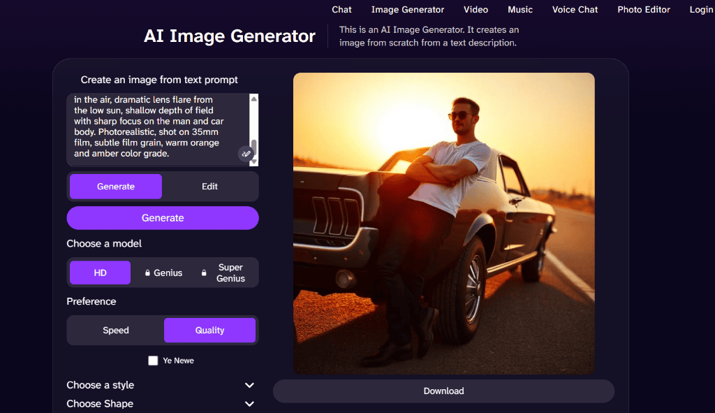 DeepAI no login image generator output showing photorealistic car and man