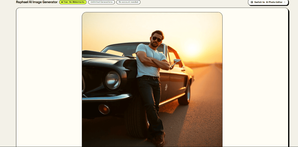 Raphael AI no login image generator output showing man leaning on black Mustang at golden hour