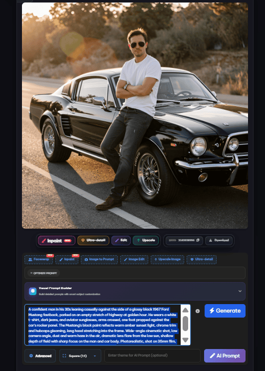 Flat AI no login image generator output showing high detail reflections on black Mustang