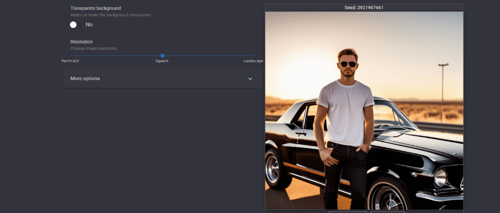 Dezgo no login image generator output showing man and car at sunset