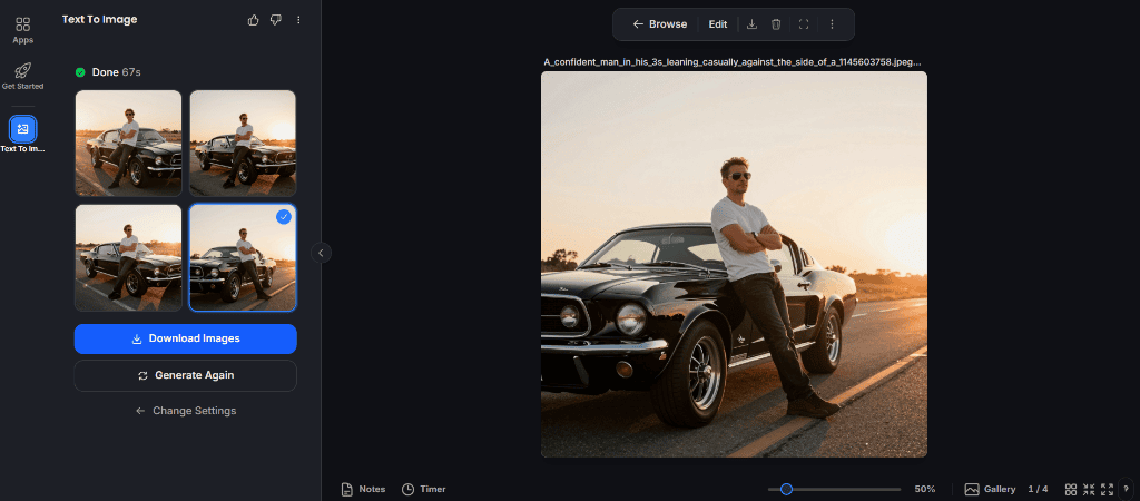 Img2Go no login image generator output showing 4 variations of Mustang prompt