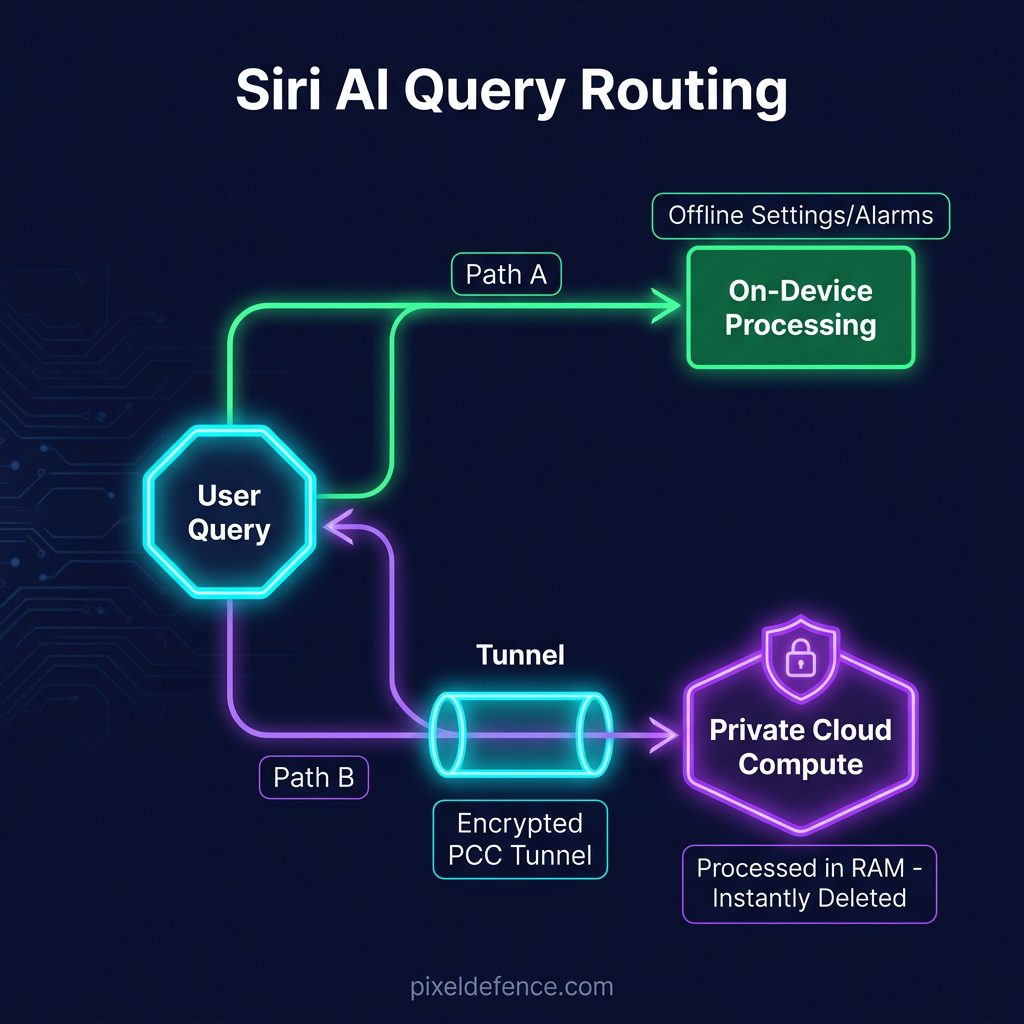 Data flow chart of Apple Intelligence query routing through local device models and secure cloud enclaves
