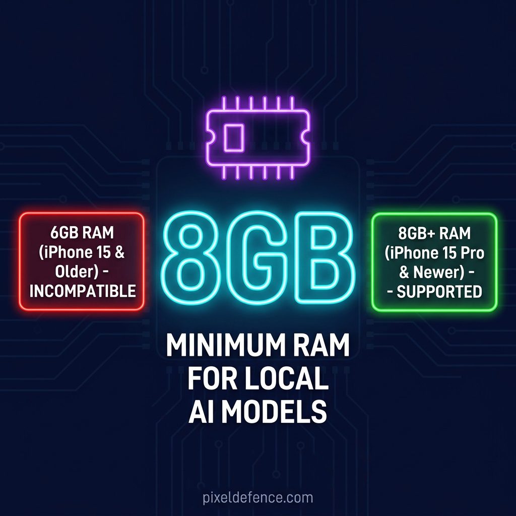Infographic showing the 8GB RAM requirement for running local Apple Intelligence models and 6GB devices incompatible warning
