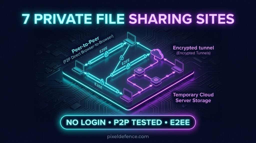 7 private file sharing sites without signup comparison diagram on a dark cybersecurity dashboard