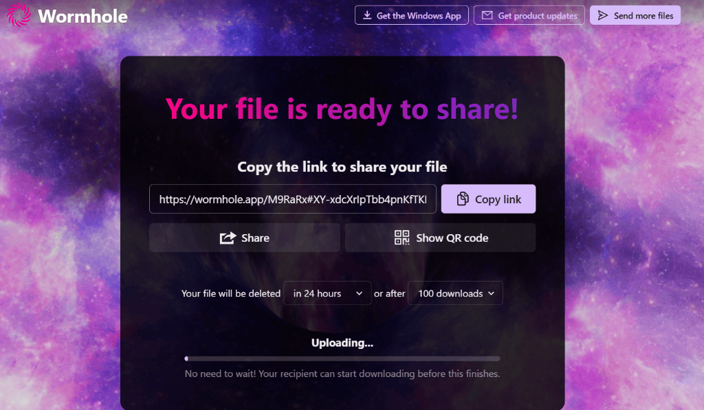 Wormhole upload interface showing URL fragment decryption key in address bar