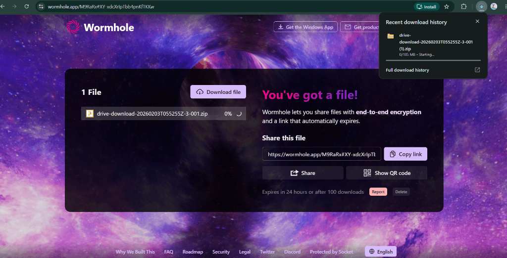 Wormhole recipient download page showing ZIP file download starting