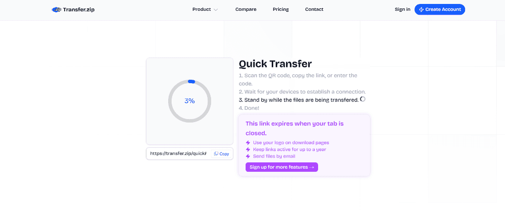 Transfer.zip Quick Transfer interface showing tab expiration warning