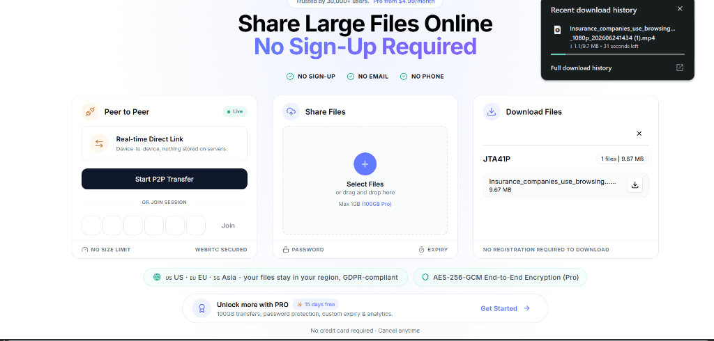 SendFileOnline download dashboard showing Share ID download prompt