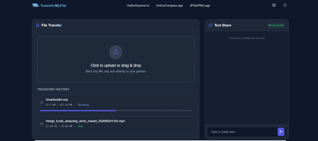 TransferMyFile interface showing device transfer history and encrypted text share