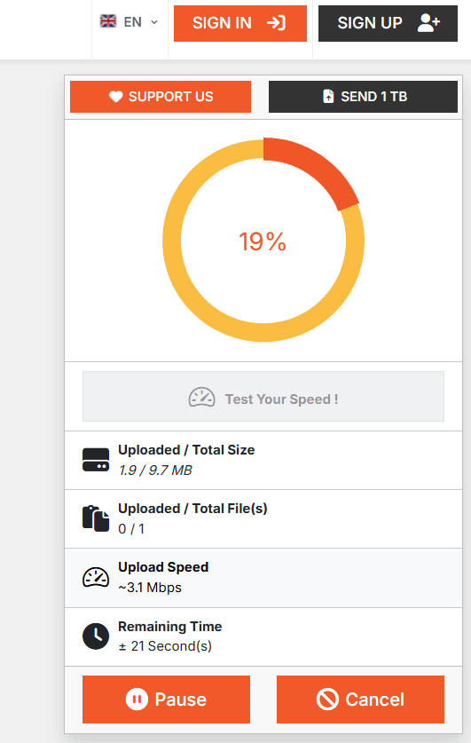 SendGB upload speed dial interface