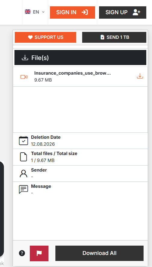SendGB download dashboard UI showing 3-day deletion date and 9.67 MB file size
