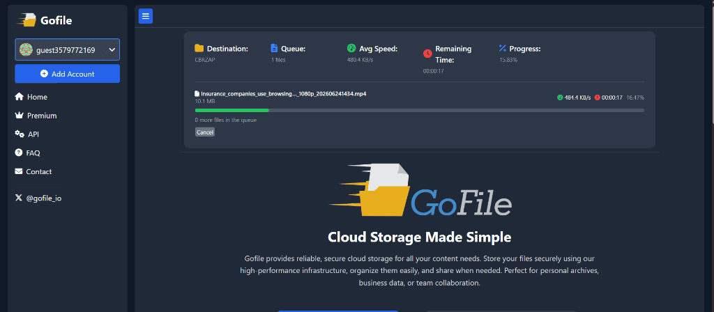 GoFile upload progress interface showing 480 KB per sec transfer speed