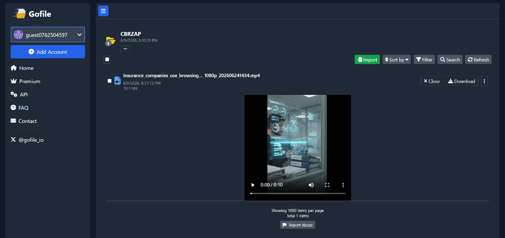 GoFile recipient view showing active HTML5 video player playing MP4 file inline