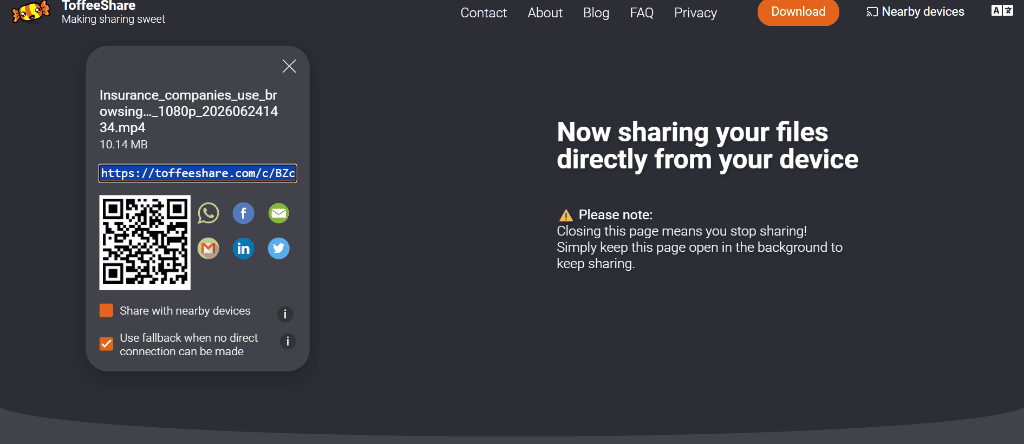 ToffeeShare sender interface showing QR code and active tab warning