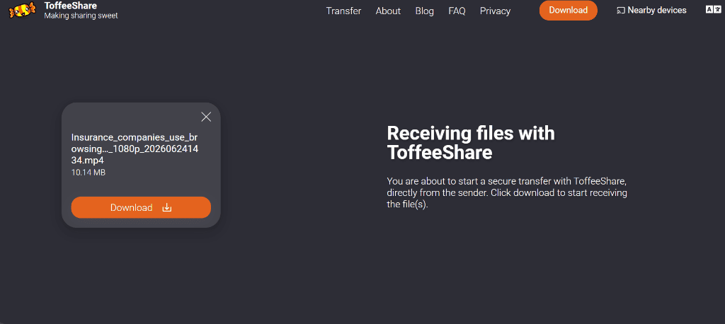 ToffeeShare receiver interface showing direct peer download prompt